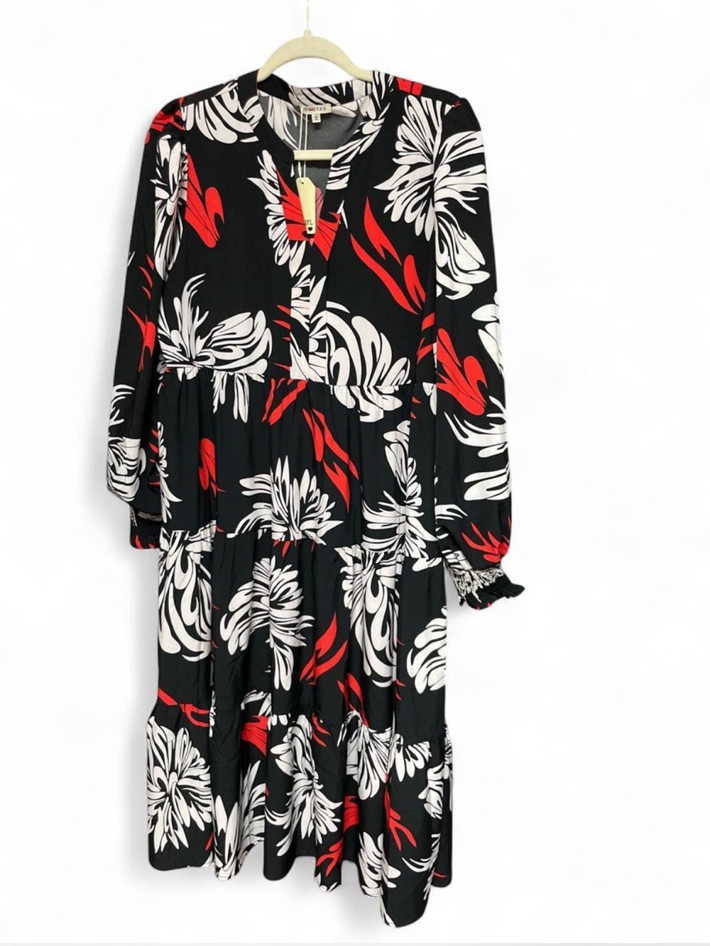 JODIFL Black Midi Dress with Red & White Floral Pattern